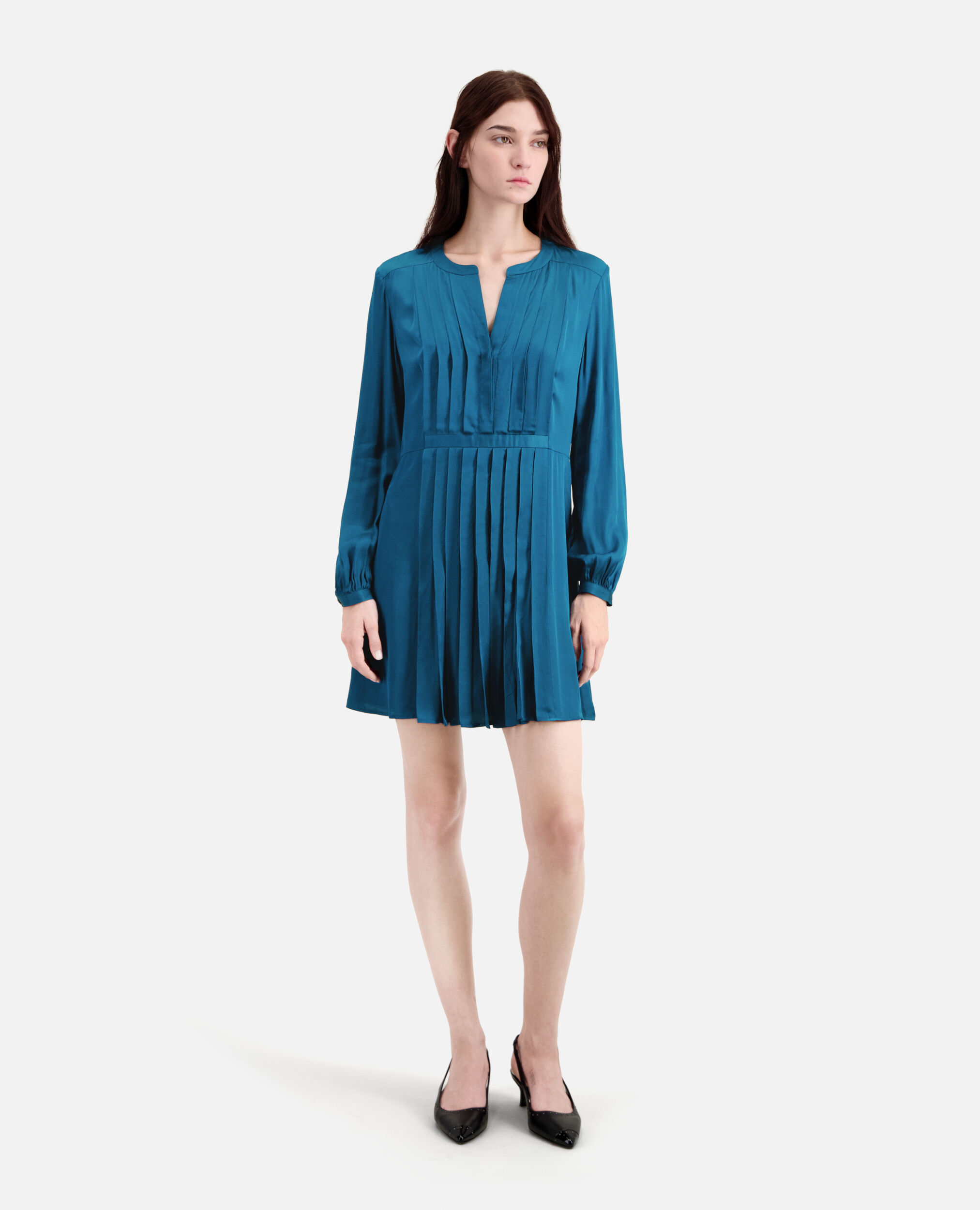 Blaues kurzes Kleid mit Plissierung, MEDIUM BLUE, hi-res image number null