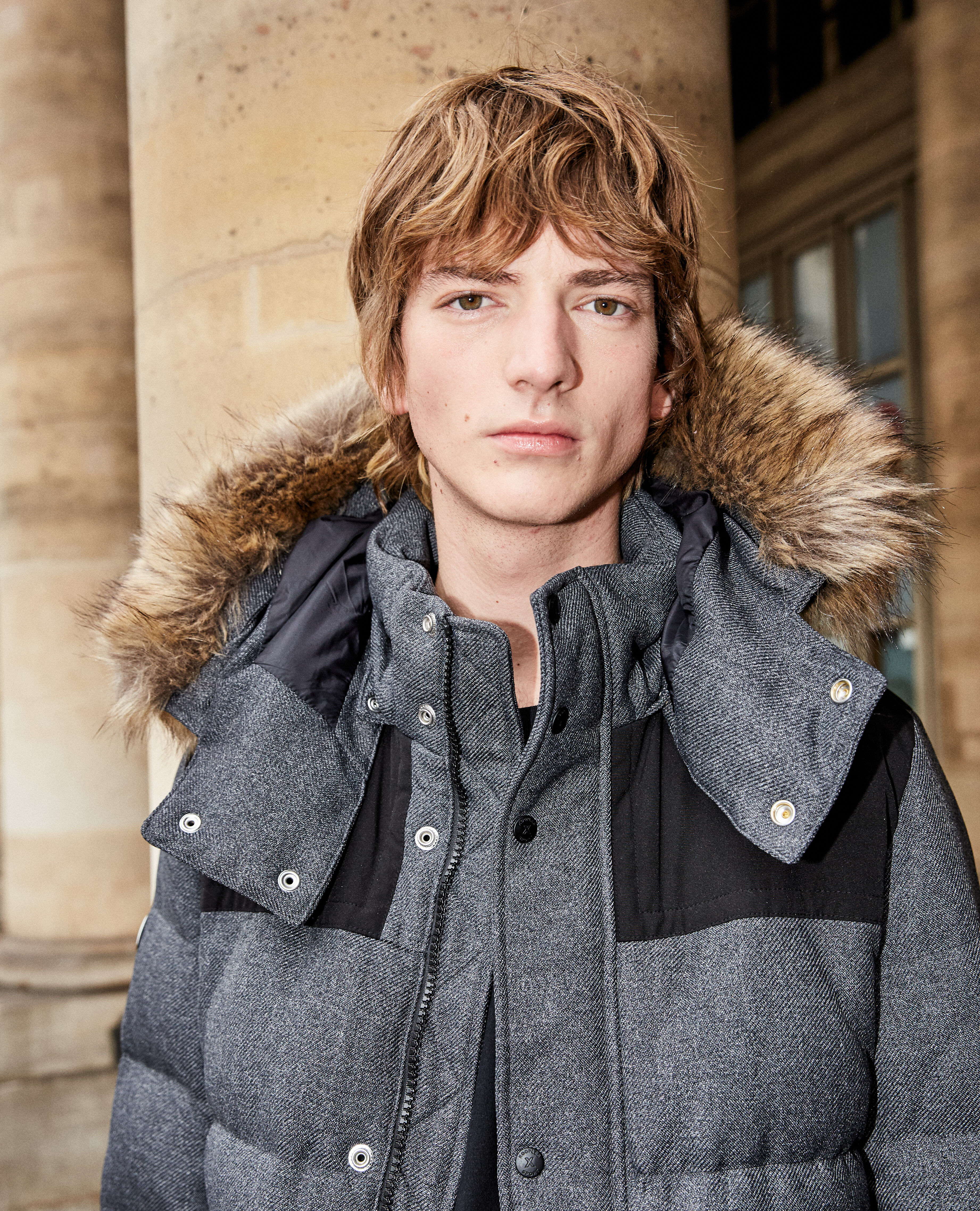 Grey nylon down jacket with hood fur trim The Kooples