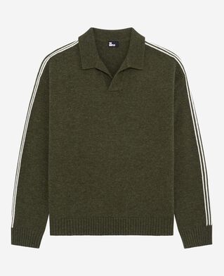 The Kooples MEN GREEN polo neck wool sweater with contrasting khaki stripes