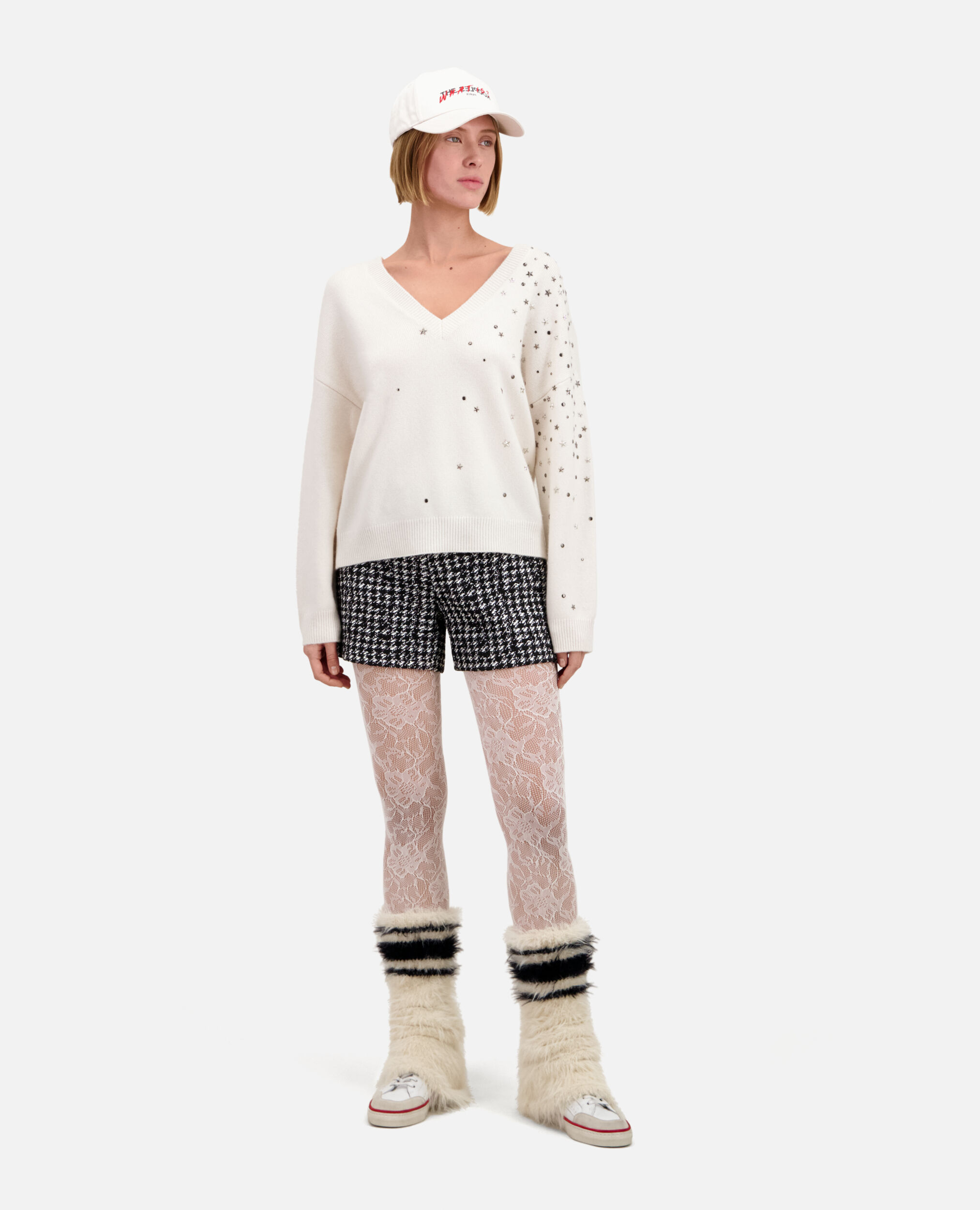 Ecru sweater in cashmere-blend with stars, ECRU, hi-res image number null