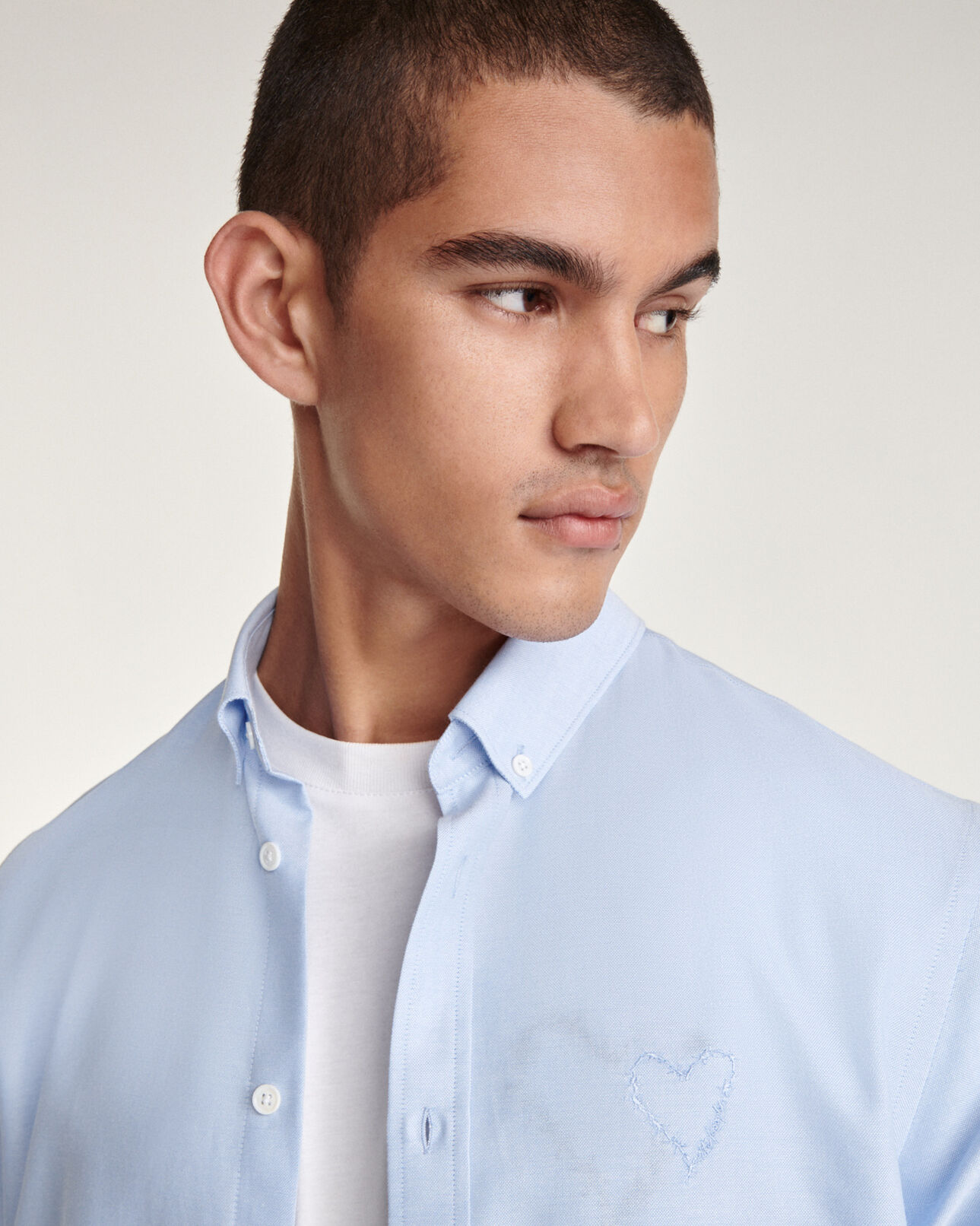 The Kooples MEN SKY sky blue cotton shirt with embroidered heart
