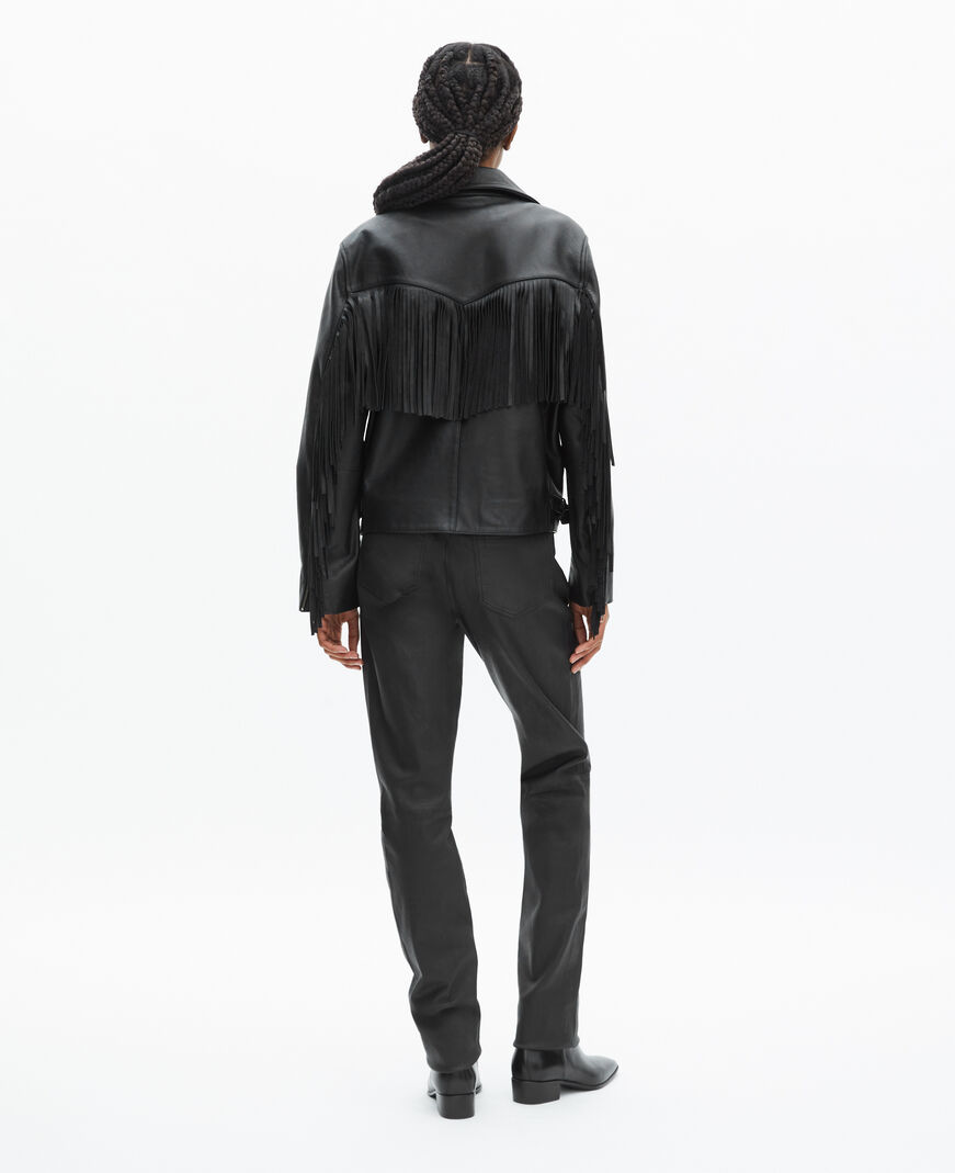 The Kooples WOMEN BLACK black fringed leather jacket