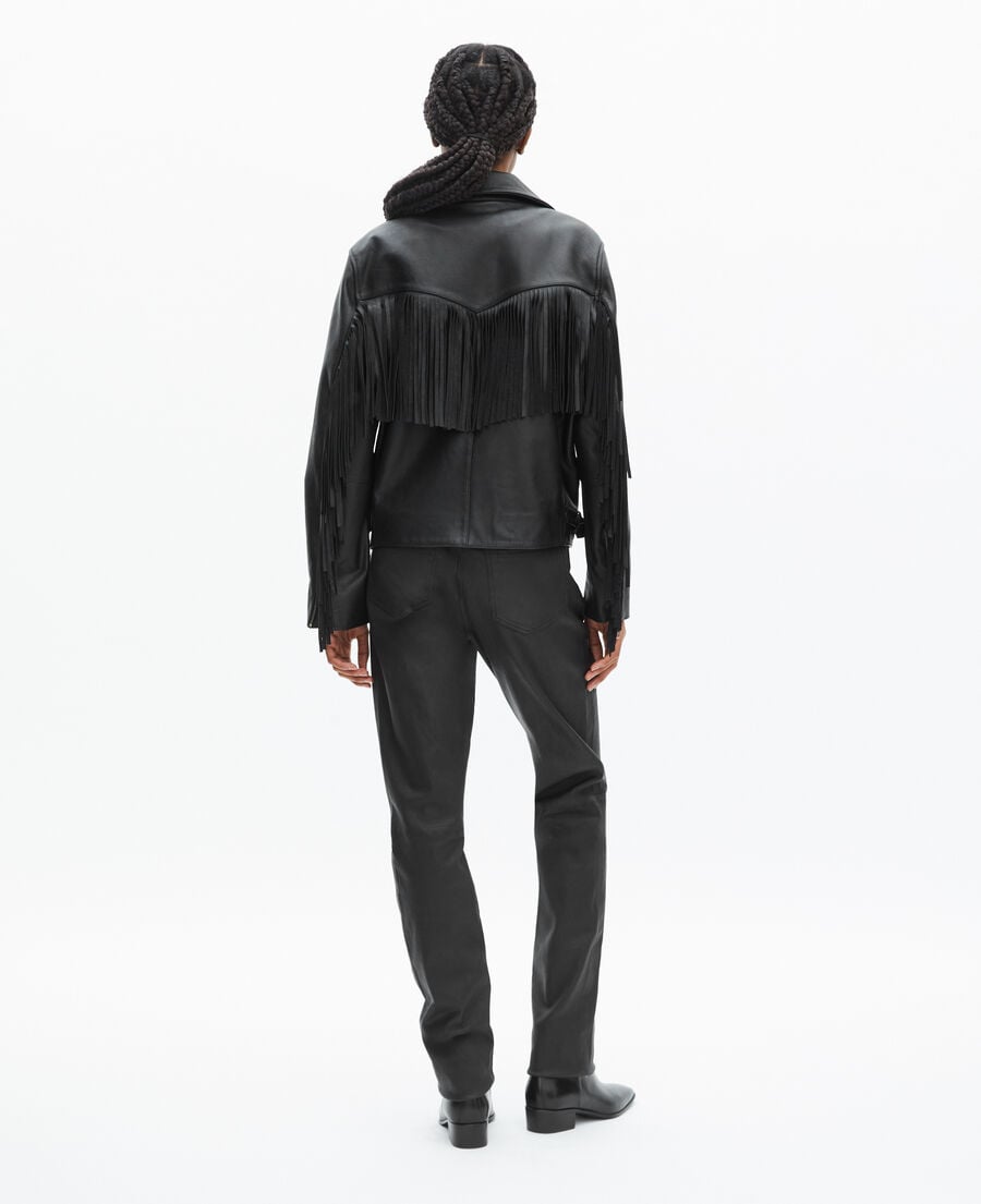 The Kooples WOMEN BLACK black fringed leather jacket
