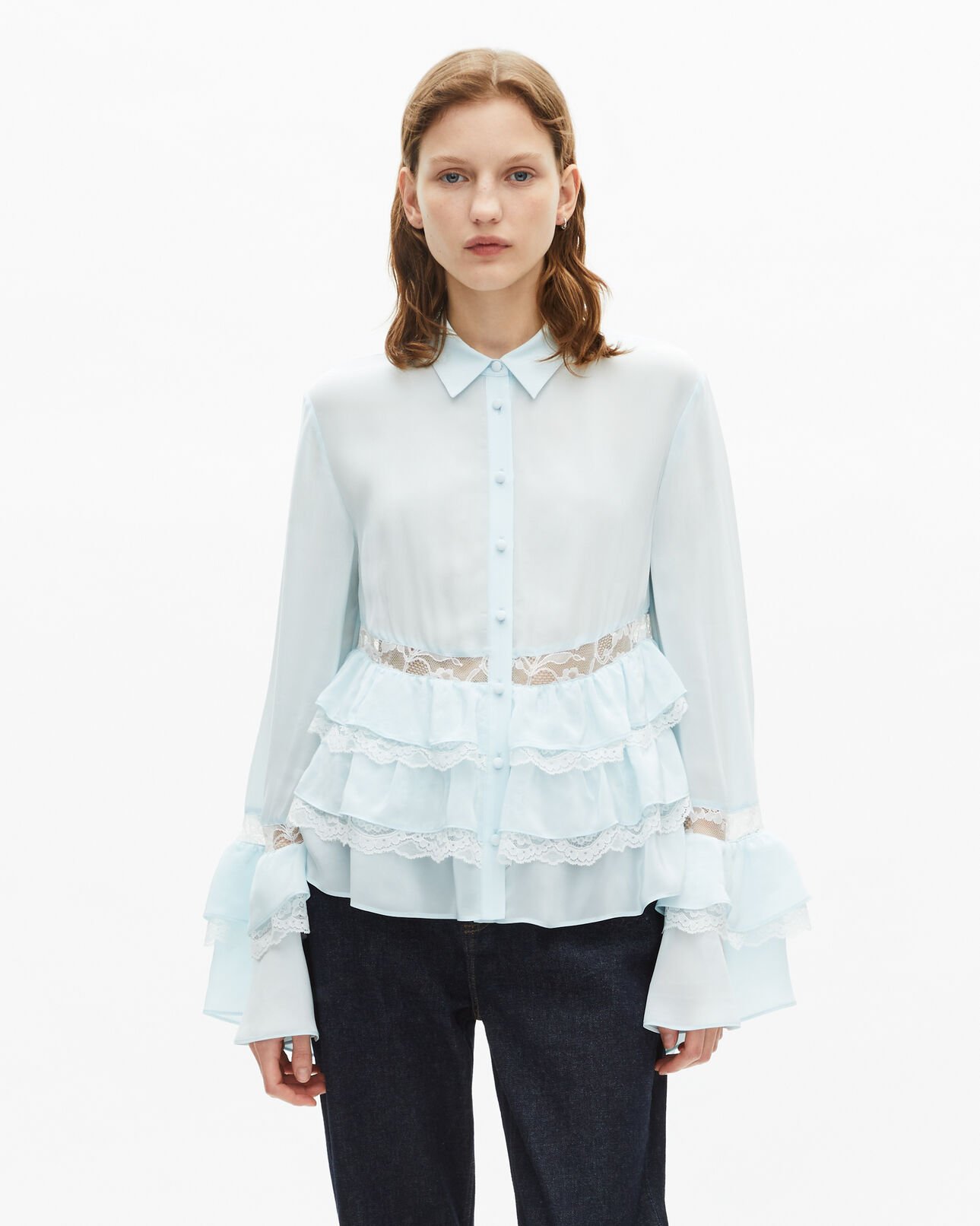 The Kooples WOMEN BABY BLUE light blue lace and ruffled shirt