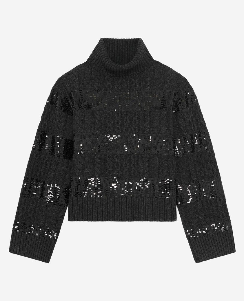 The Kooples F BLACK dark grey turtleneck sweater with sequin stripes