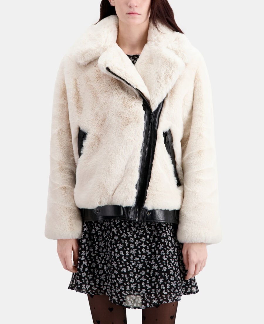 ecru faux fur bomber jacket