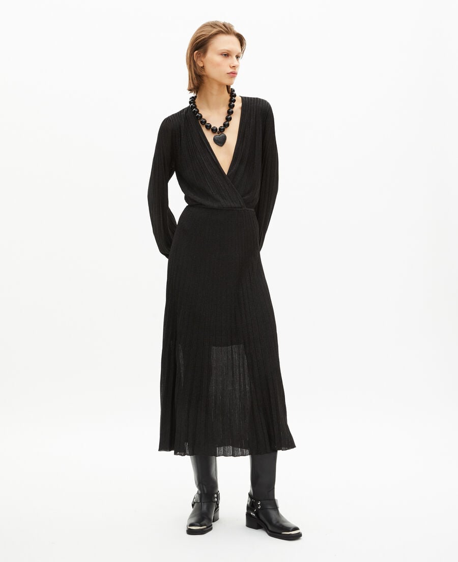 The Kooples DAMEN BLACK/BLACK SHINY langes, plissiertes kleid aus schwarzem lurex