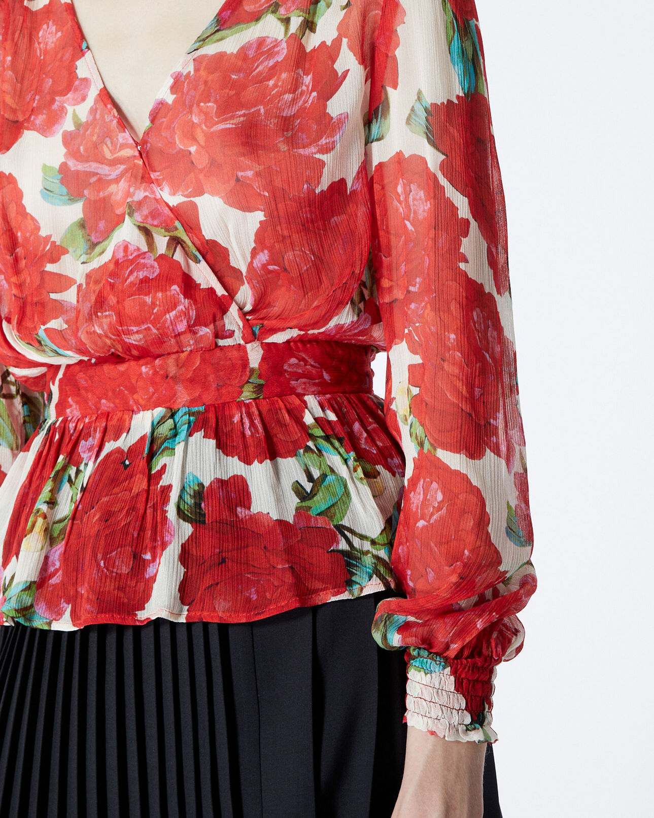 The Kooples FEMME ECRU RED top cache-cœur imprimé fleurs rouges