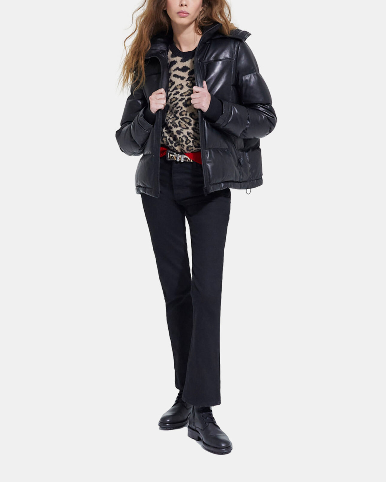 The Kooples WOMEN BLACK black leather down jacket with straps and logo