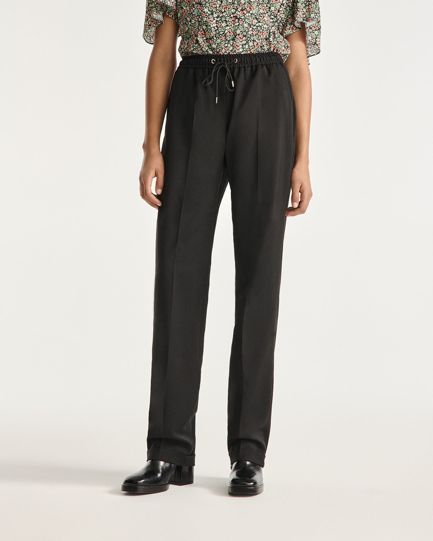 Straight-cut black wool pants with elastic, BLACK, hi-res image number null