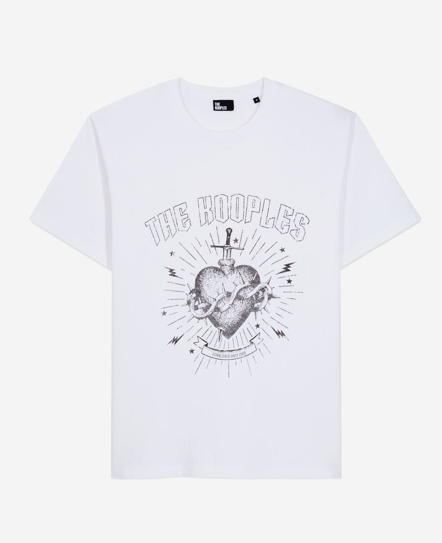 The Kooples MEN WHITE men's white t-shirt with dagger through heart serigraphy