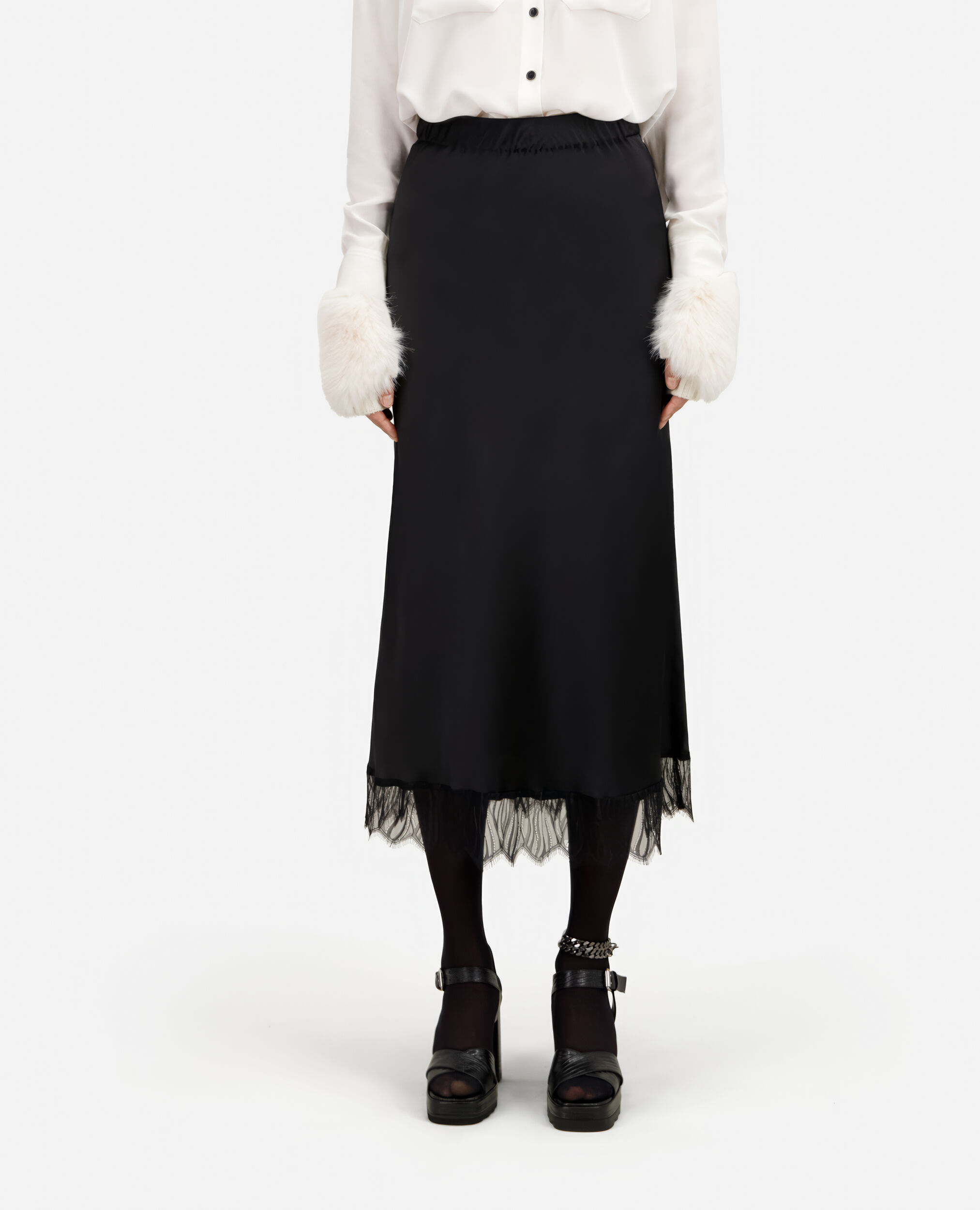 Jupe longue avec détails en dentelle noire, BLACK, hi-res image number null