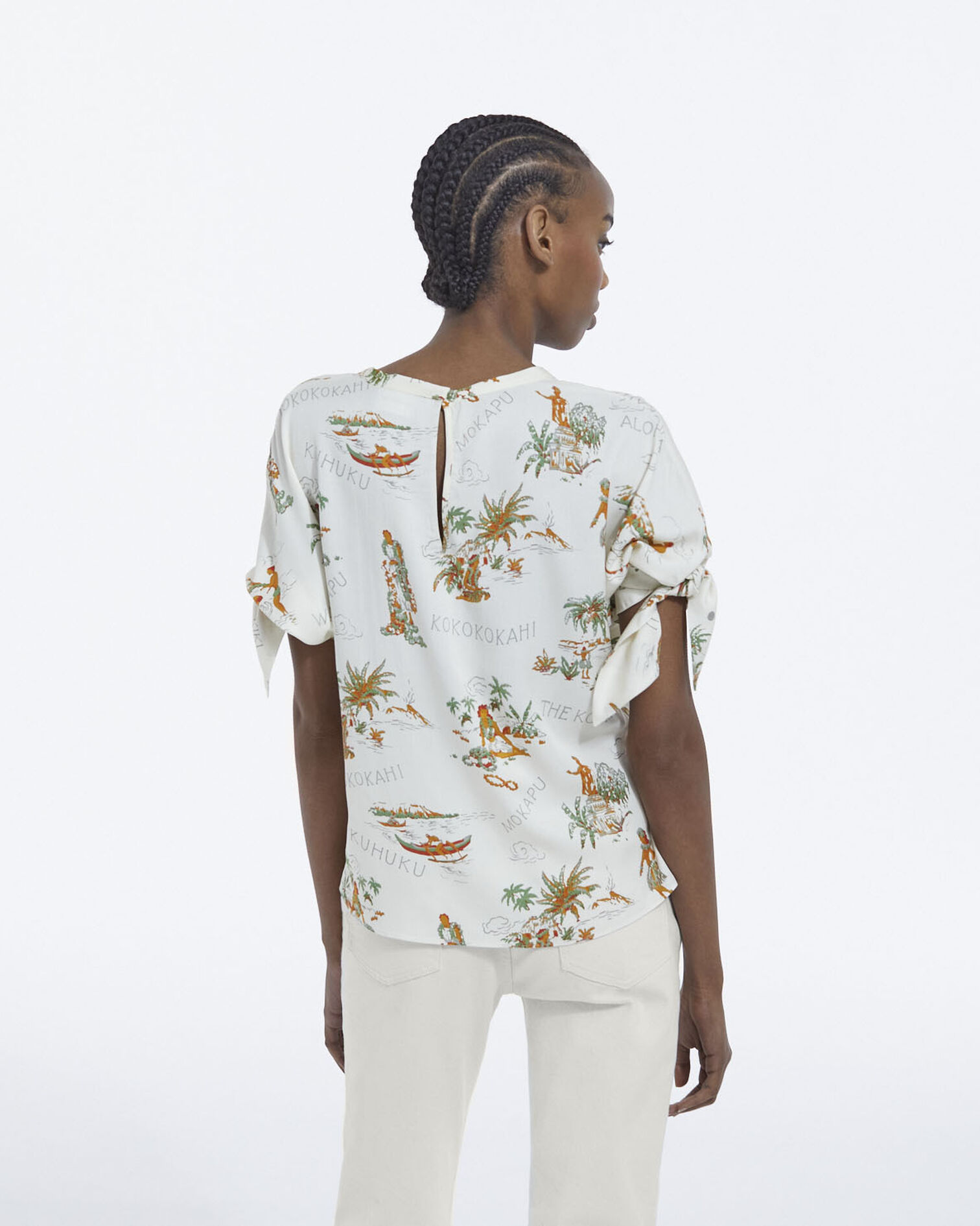 Flowing printed white top with knotted details, WHITE, hi-res image number null