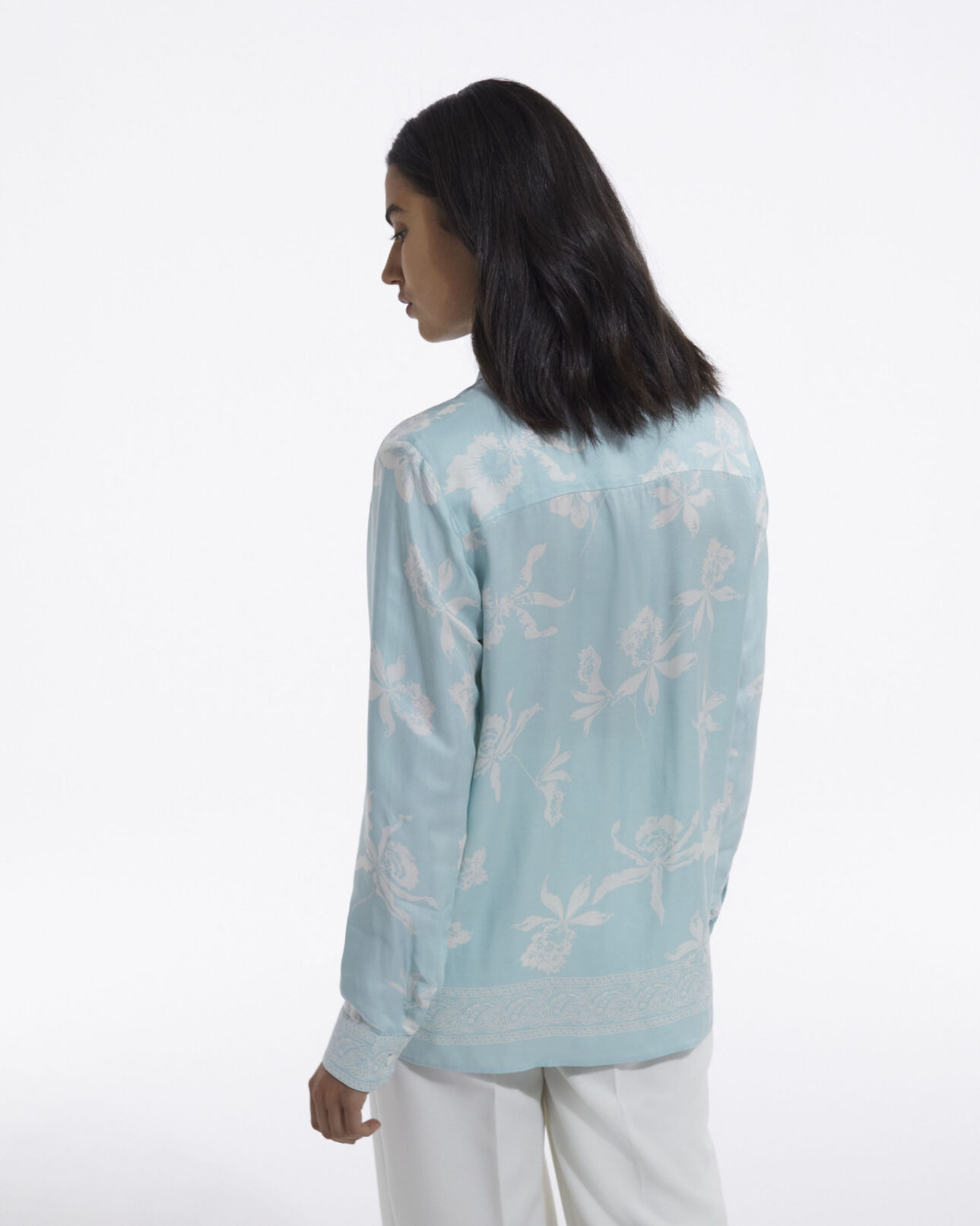 The Kooples FEMME BLUE WHITE chemise bleue et blanche satin motif fleuri