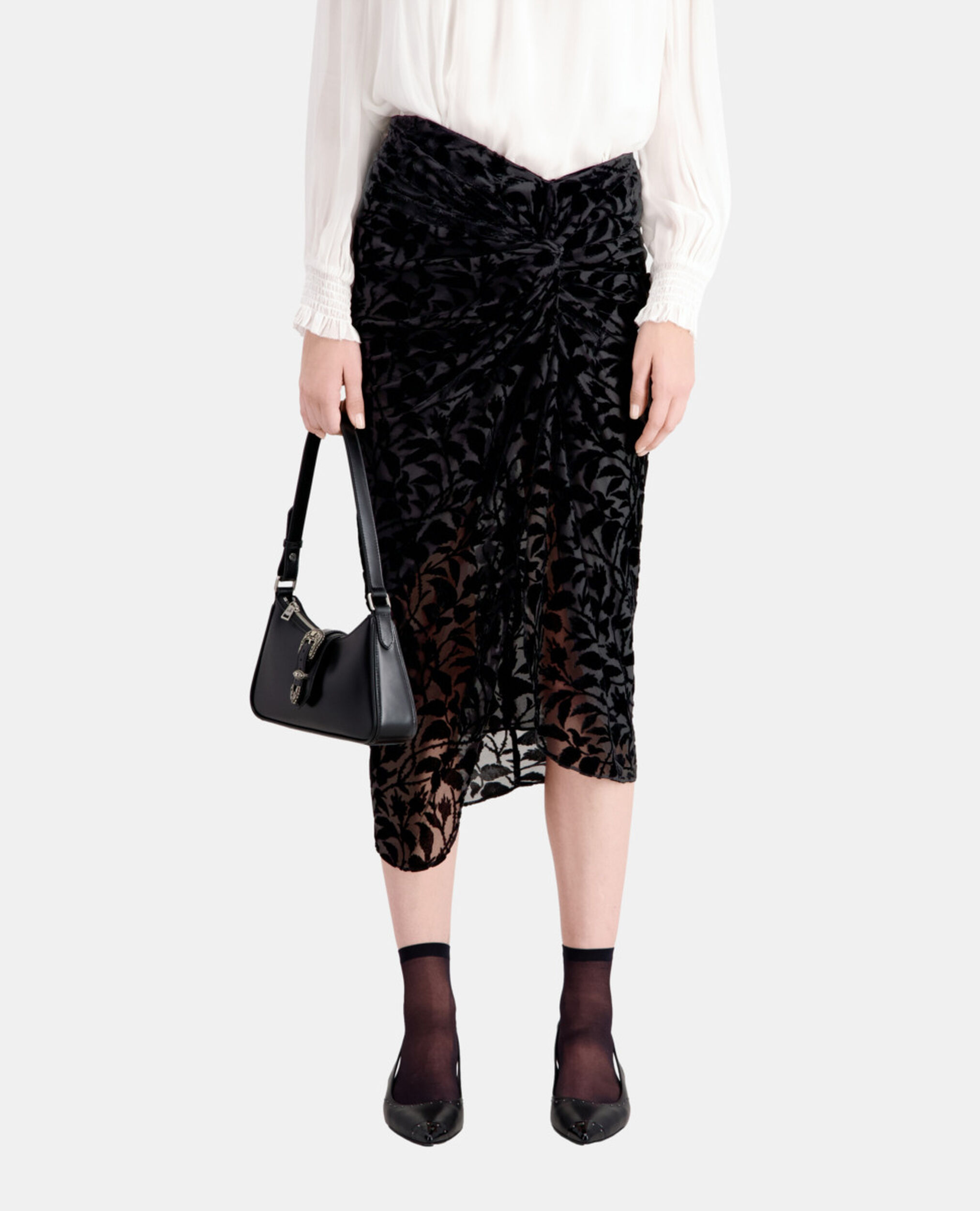 Black devoré velvet midi skirt, BLACK, hi-res image number null