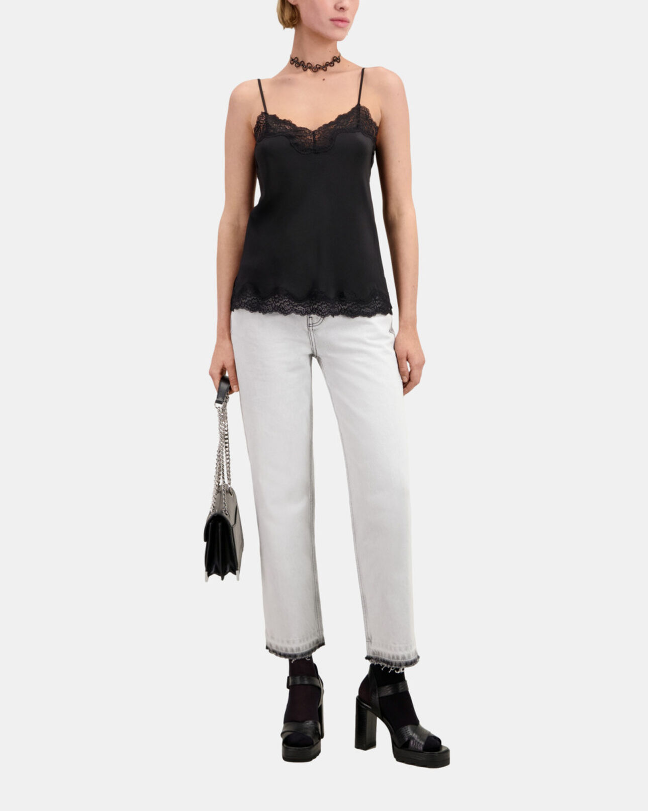 The Kooples FEMME BLACK caraco noir en soie avec détails en dentelle