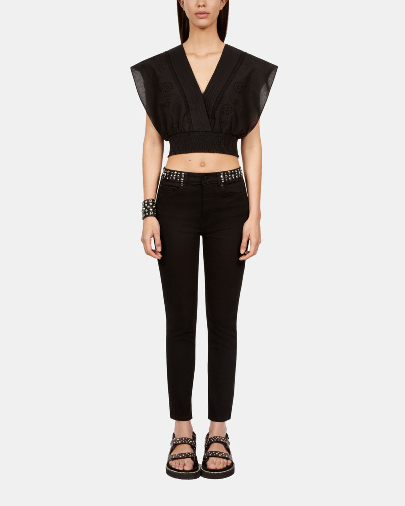 The Kooples FEMME BLACK WASHED jean slim noir avec clous et étoiles