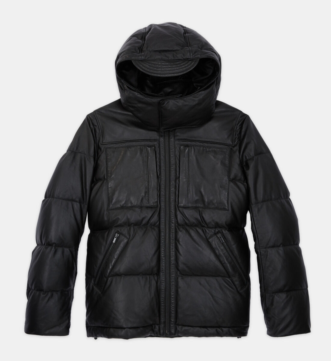 Black leather down jacket with straps