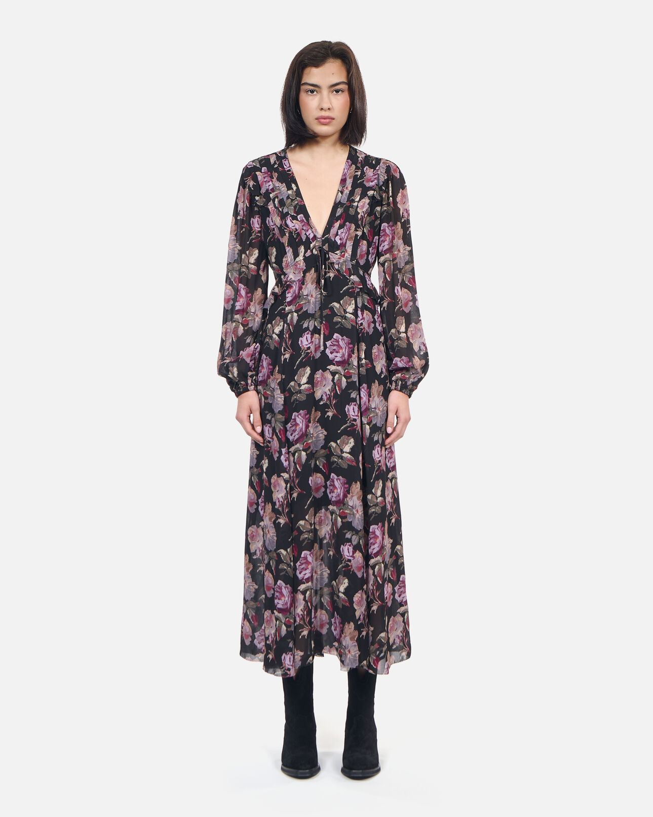 The Kooples WOMEN BLACK / PURPLE black long floral print dress