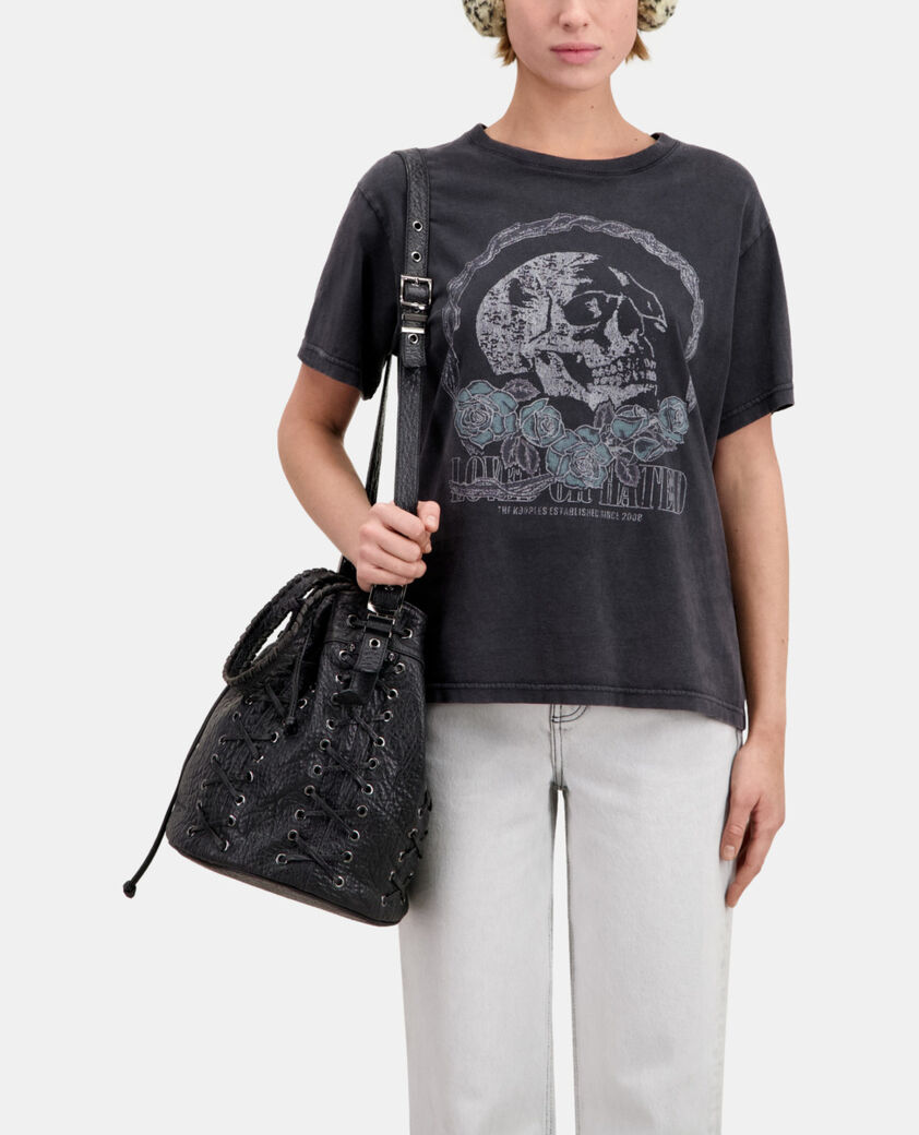 The Kooples WOMEN BLACK WASHED women's black t-shirt with vintage skull serigraphy