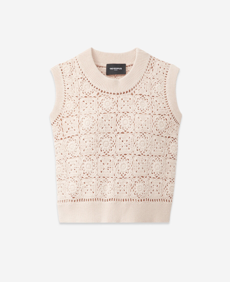 sleeveless crochet-effect pink cotton sweater