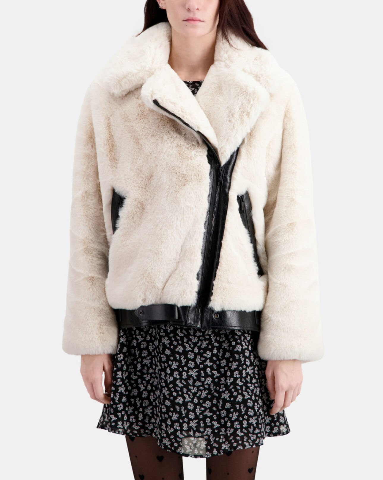 The Kooples DAMEN ECRU ecrufarbene bomberjacke aus kunstpelz