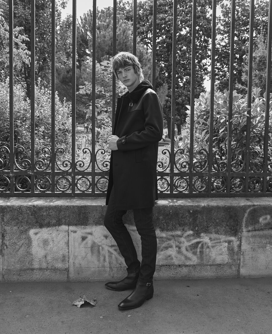 black wool coat with shearling collar