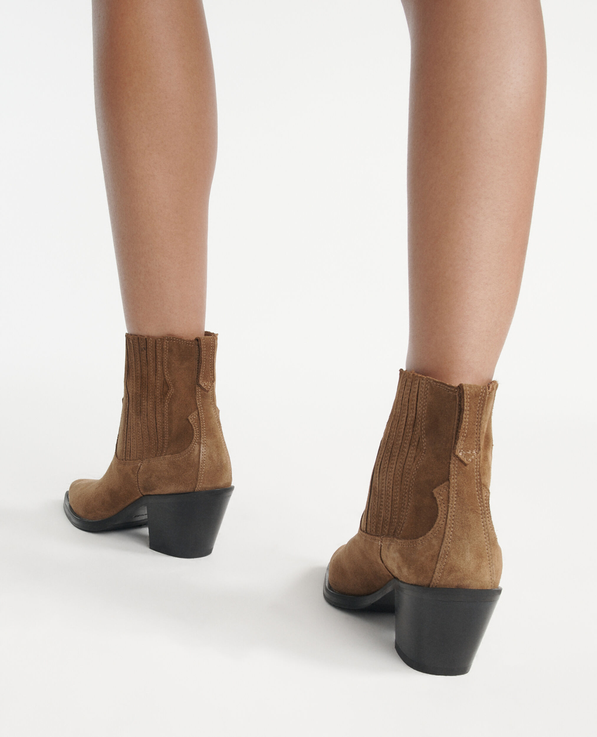Western-style camel suede ankle boots, CAMEL, hi-res image number null