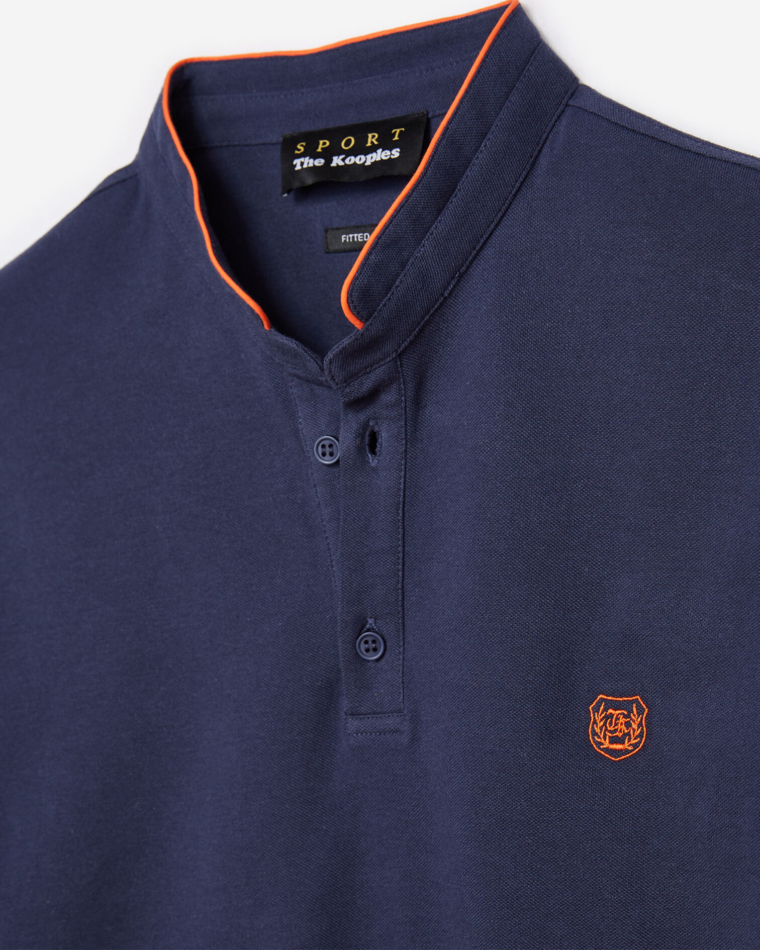 Blue cotton polo shirt with band collar and orange details, INDIGO / OLD ORANGE, hi-res image number null
