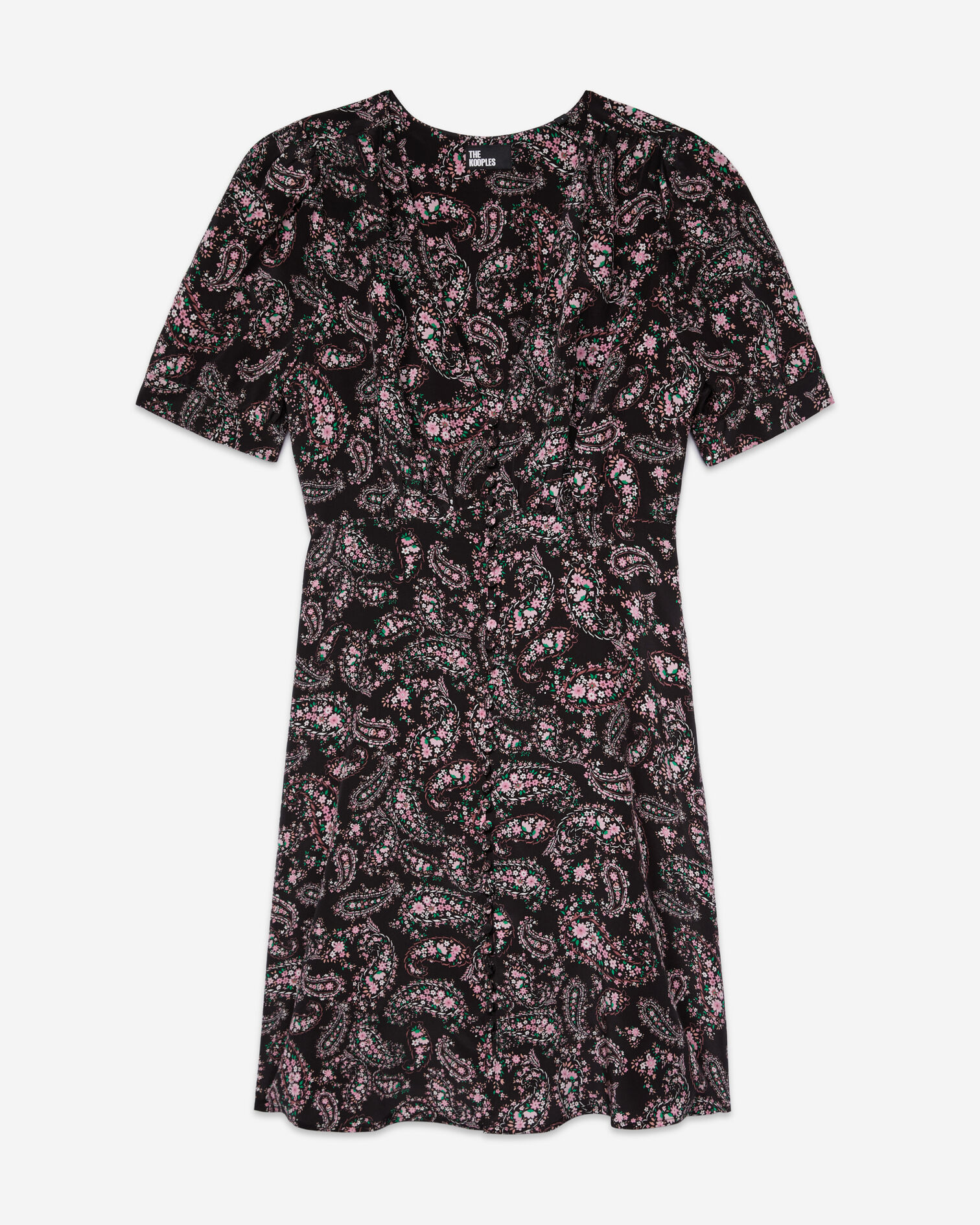 Black and pink paisley print short dress with buttons, BLACK / PINK, hi-res image number null