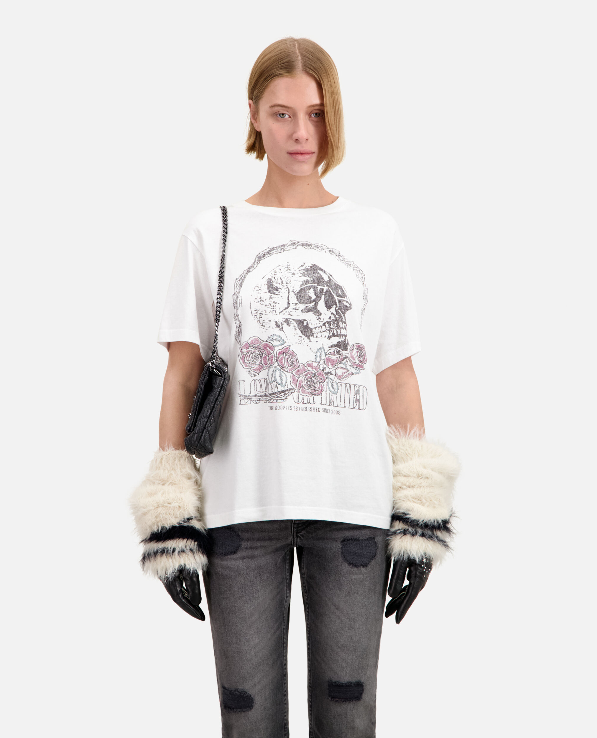 Weißes T-Shirt Damen mit Vintage-Skull-Siebdruck, WHITE, hi-res image number null