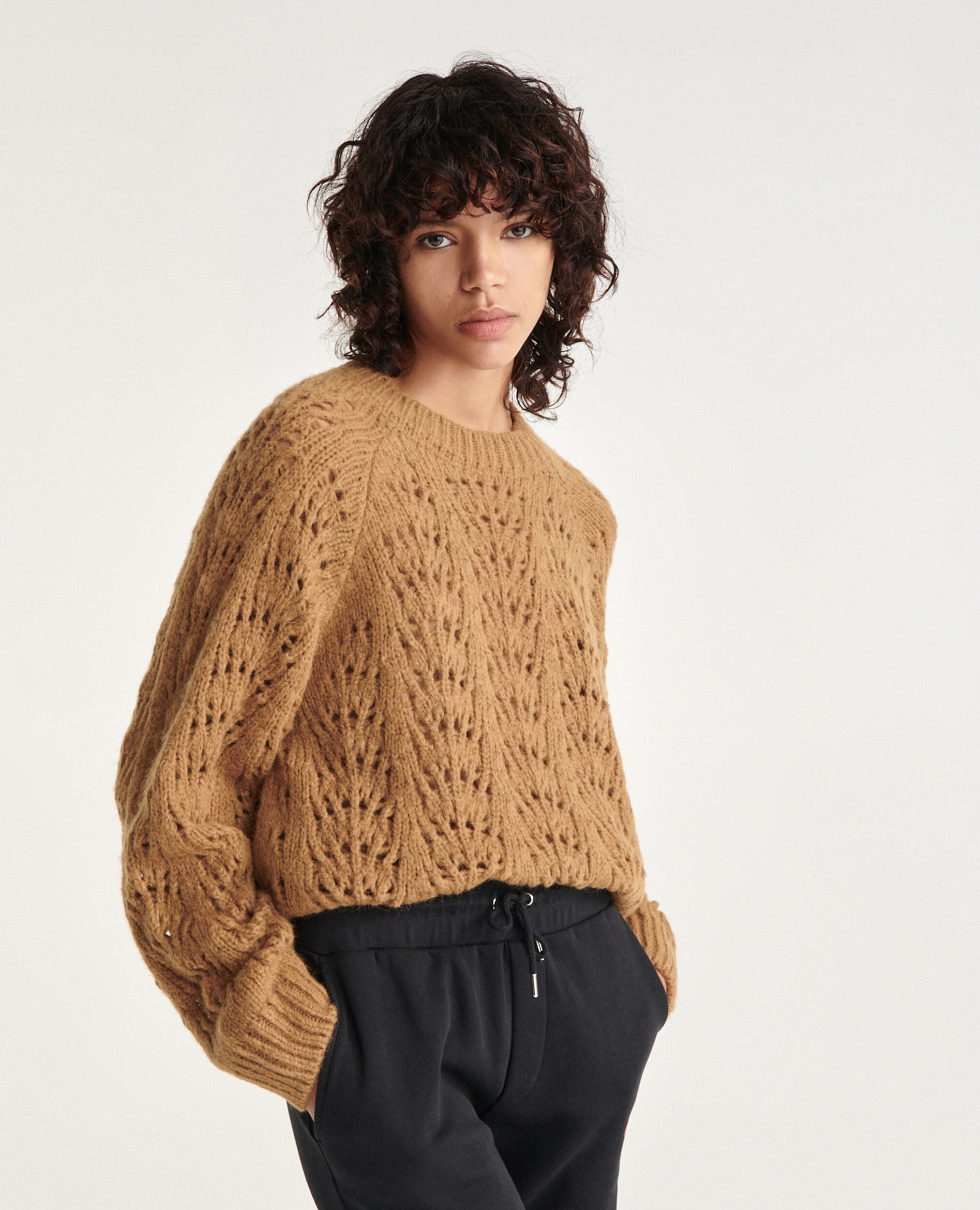 Knit camel sweater with puffed sleeves, BROWN, hi-res image number null