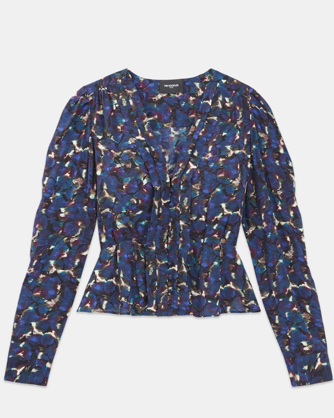The Kooples WOMEN BLUE flowing blue top w/ pleating and floral motif