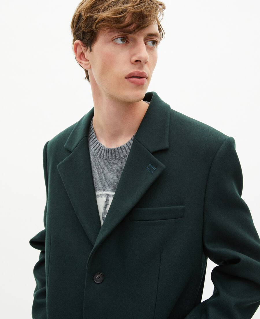 The Kooples MEN BOTTLE GREEN dark green leather lapel collar wool coat