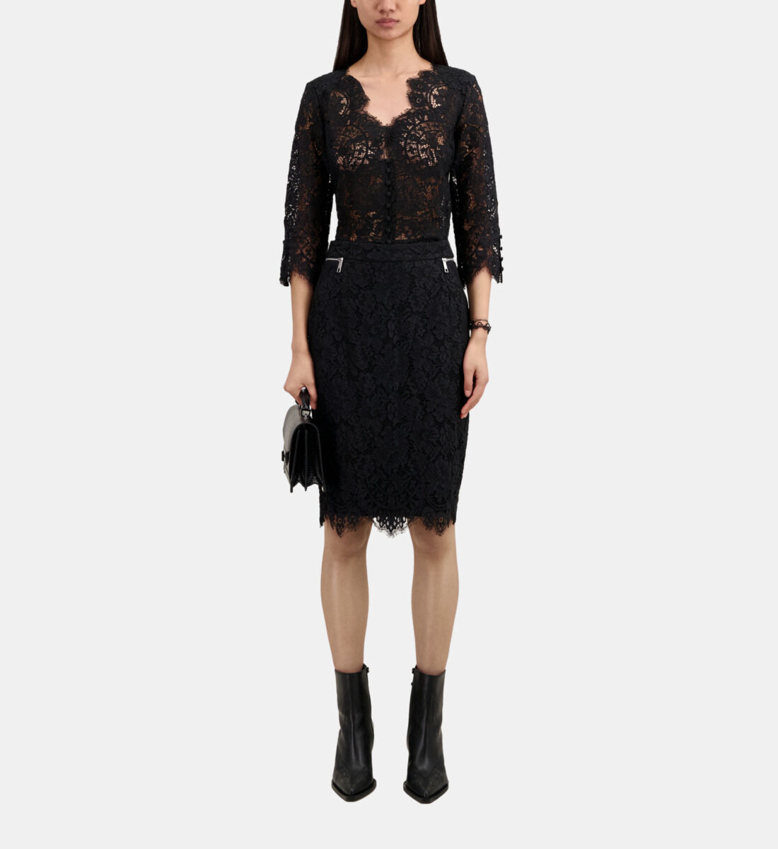 Jupe crayon mi longue en dentelle noire The Kooples France