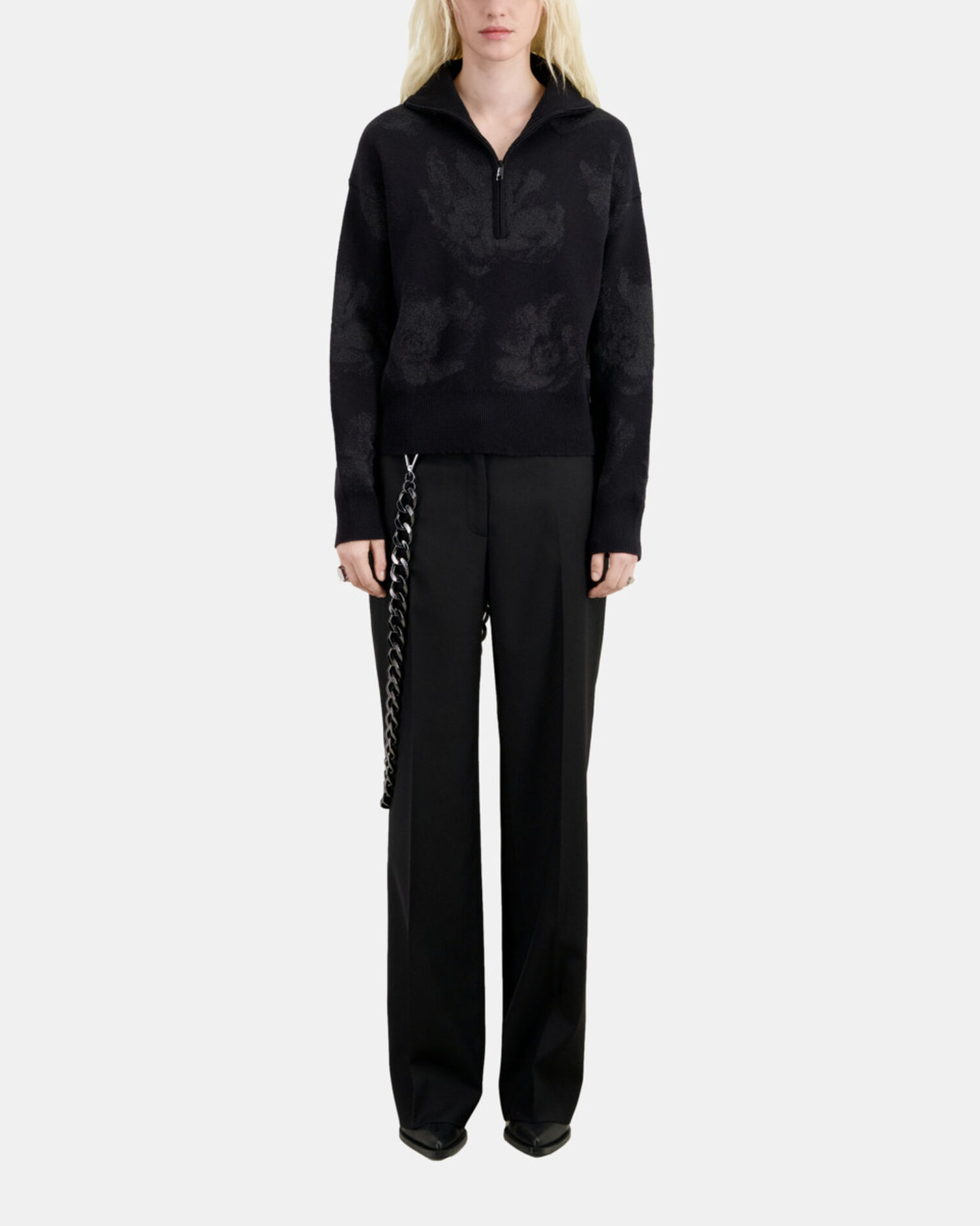Black wool-blend sweater with silver details, BLACK/BLACK, hi-res image number null