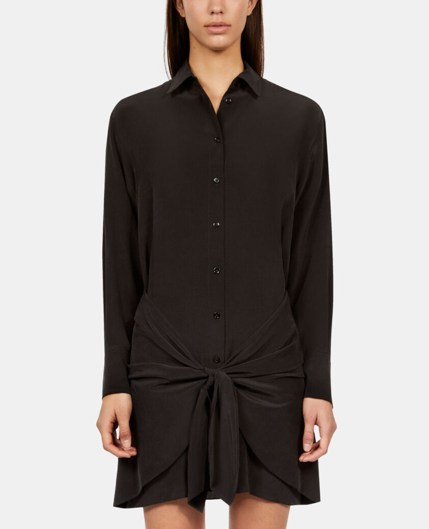 The Kooples FEMME BLACK robe chemise courte en soie avec nœud noire