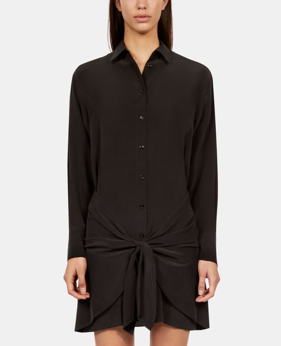 The Kooples FEMME BLACK robe chemise courte en soie avec nœud noire