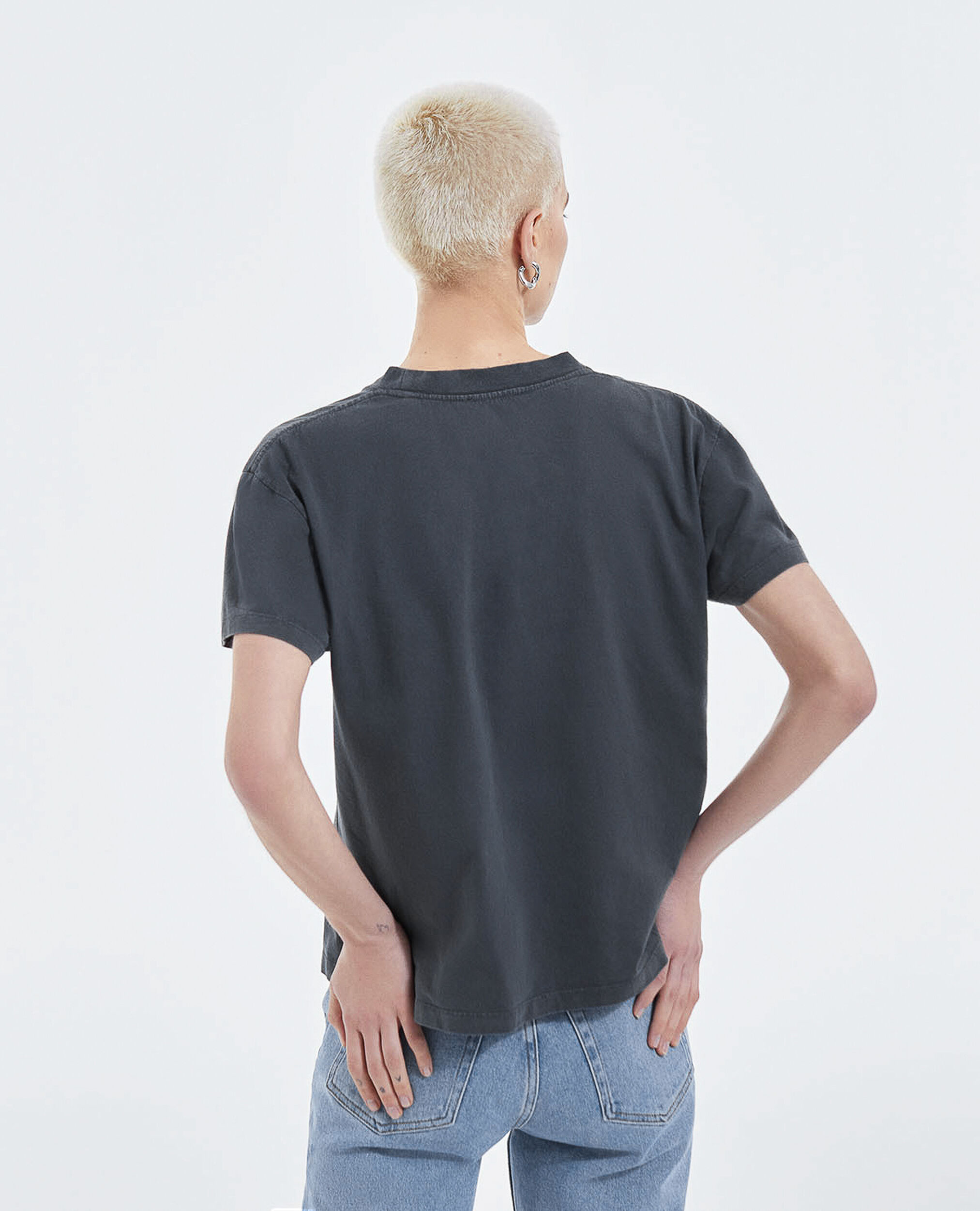 Baumwoll-T-Shirt schwarz Rock-Siebdruck, BLACK WASHED, hi-res image number null