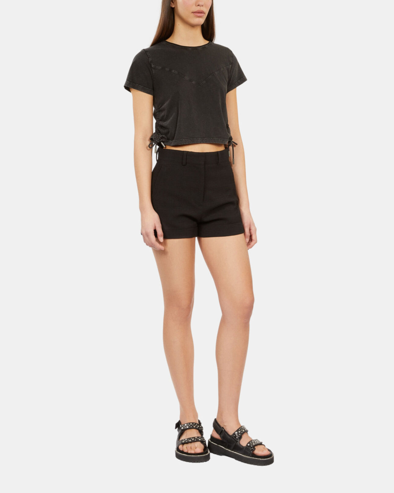 The Kooples WOMEN BLACK WASHED black t-shirt with lacing