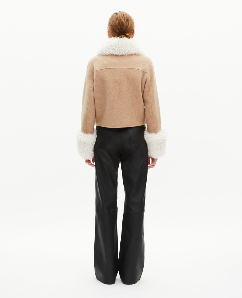 The Kooples FEMME BEIGE LINEN blouson court en laine col sherpa beige