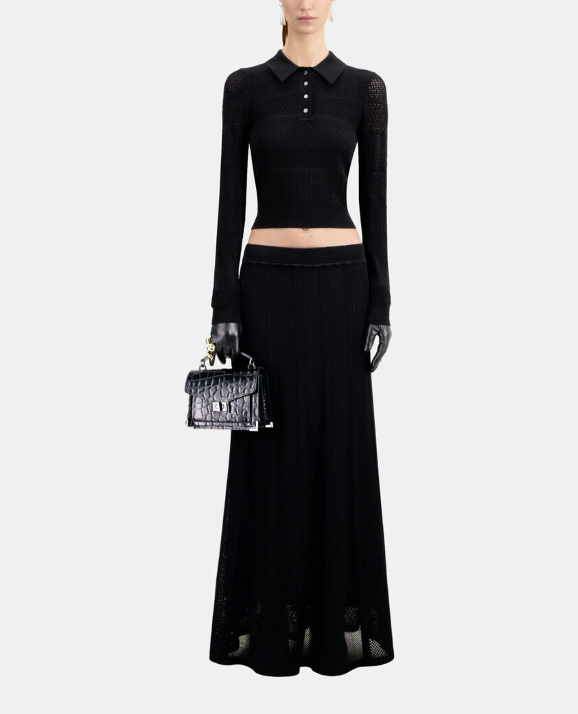 The Kooples DAMEN BLACK schwarzes poloshirt aus ajour-strick