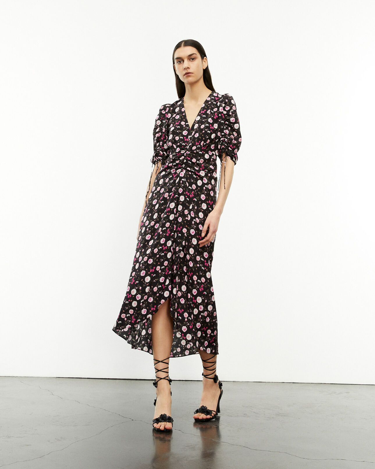 The Kooples FEMME BLACK / PINK robe longue noire et rose imprimé fleuri