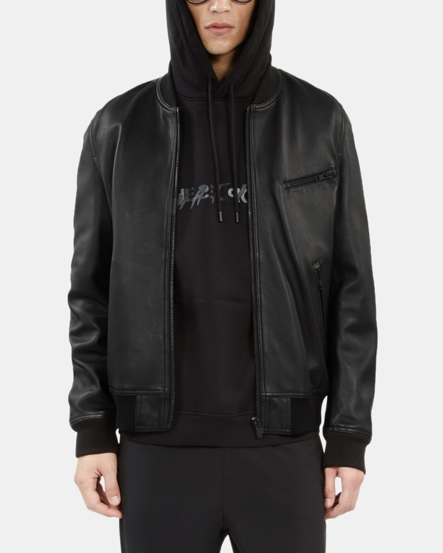 Blouson Teddy en cuir noir, BLACK, hi-res image number null