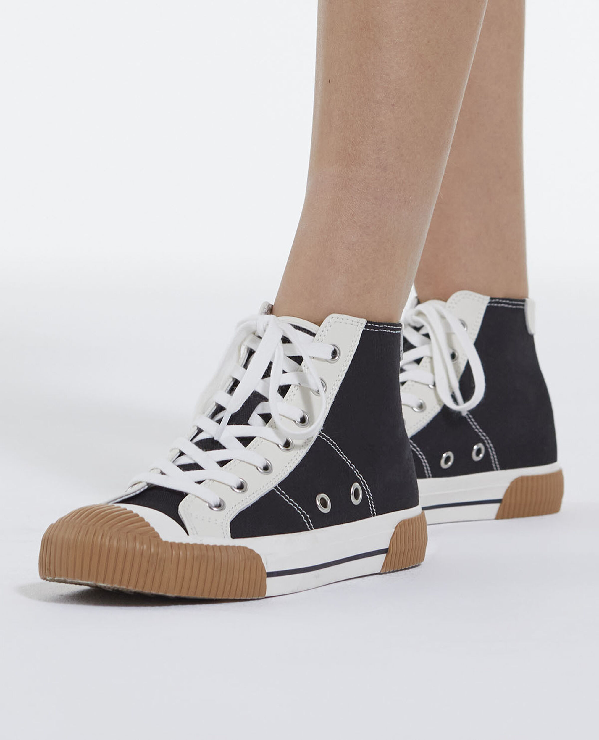 Black high-top lace-up canvas sneakers, BLACK, hi-res image number null
