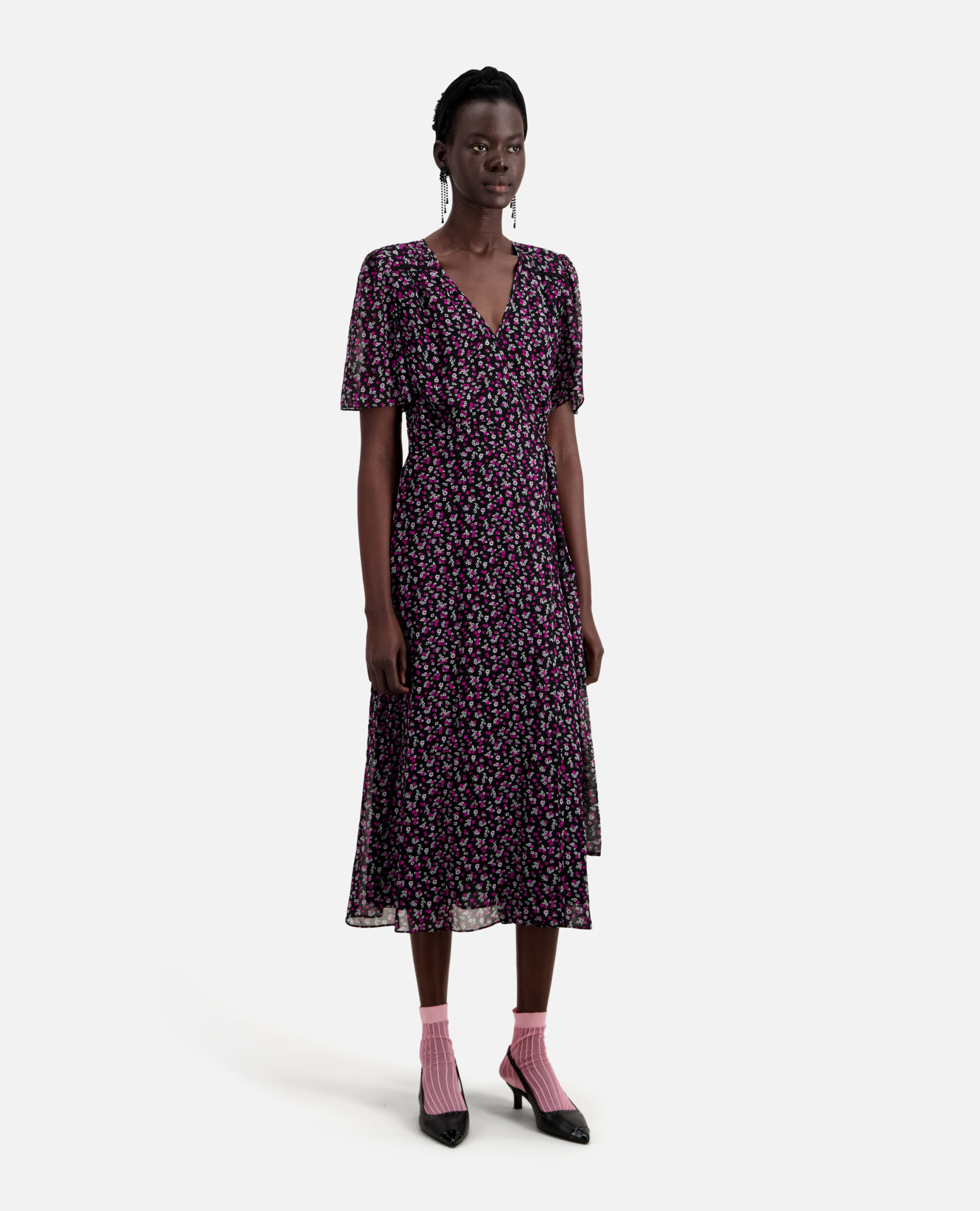 Long printed wrap dress, BLACK / PINK, hi-res image number null