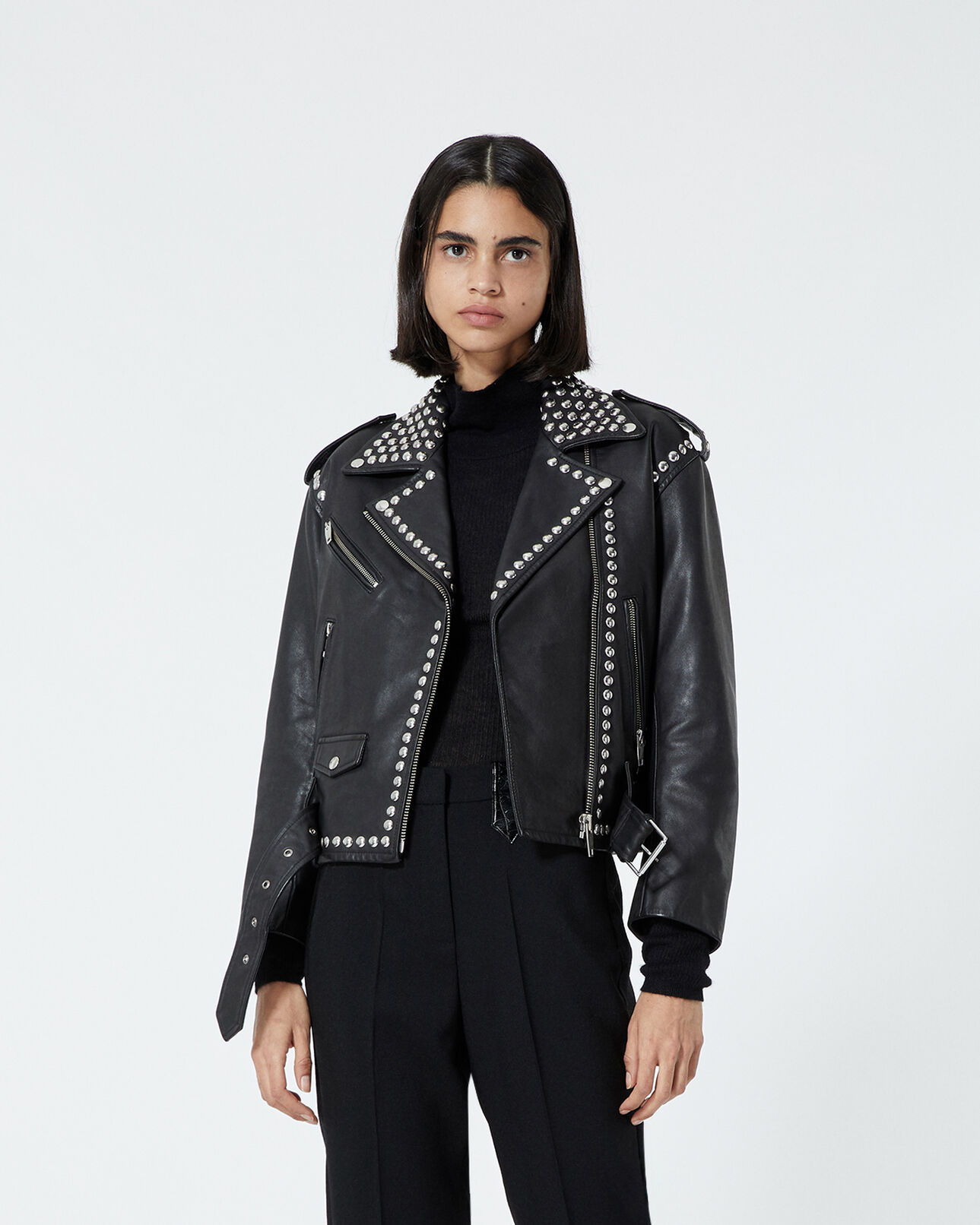 The Kooples FEMME BLACK blouson cuir noir à détails cloutés
