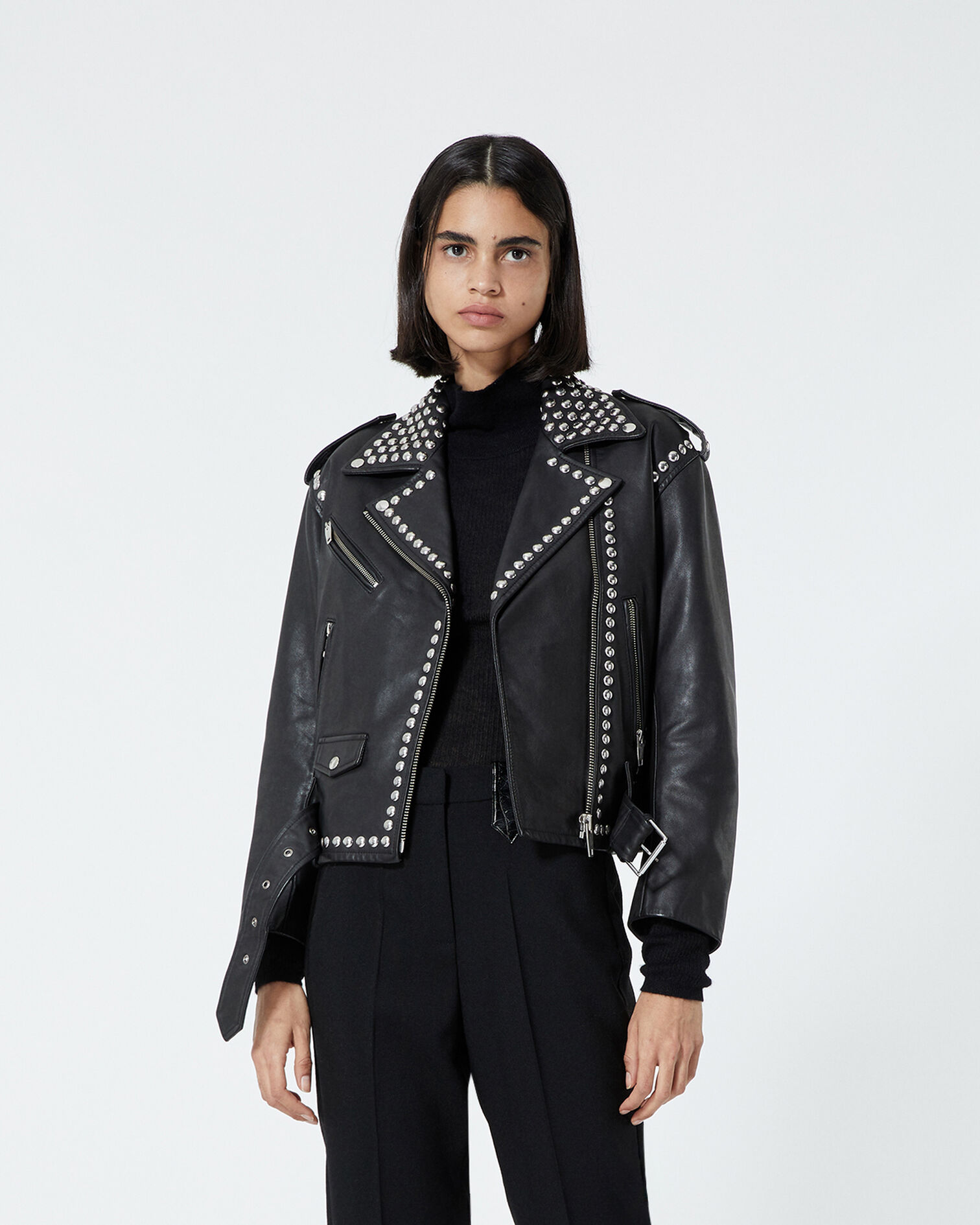 Blouson cuir noir à détails cloutés, BLACK, hi-res image number null