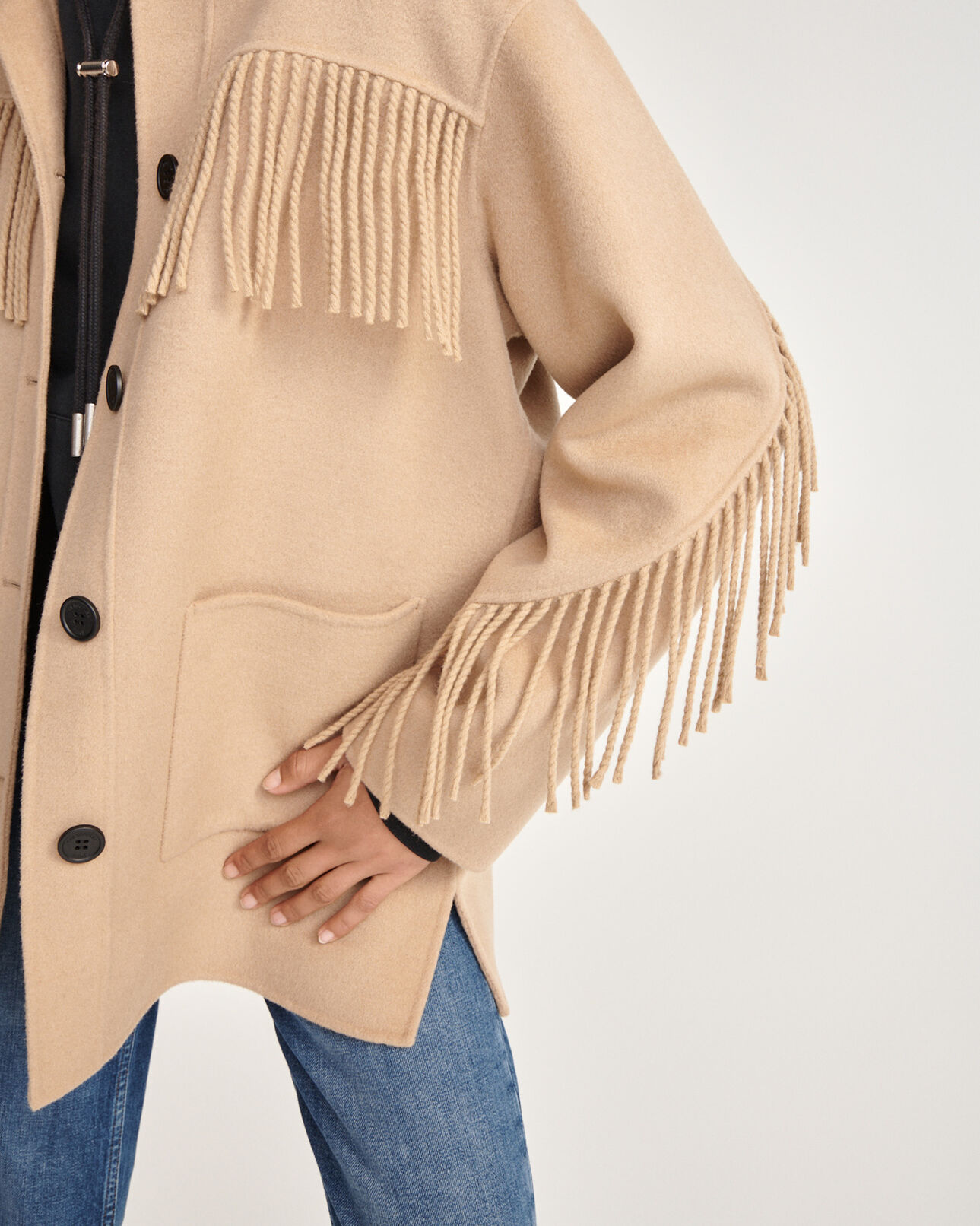 The Kooples WOMEN CAMEL camel wool jacket with western fringing