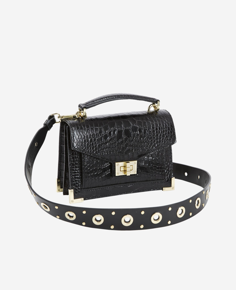 black leather handle with gold eyelets